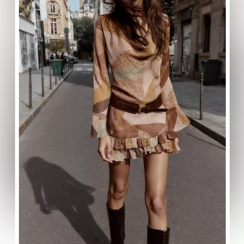 Patchwork Print Belted Mini Dress, Multicolor, Za… - image 5